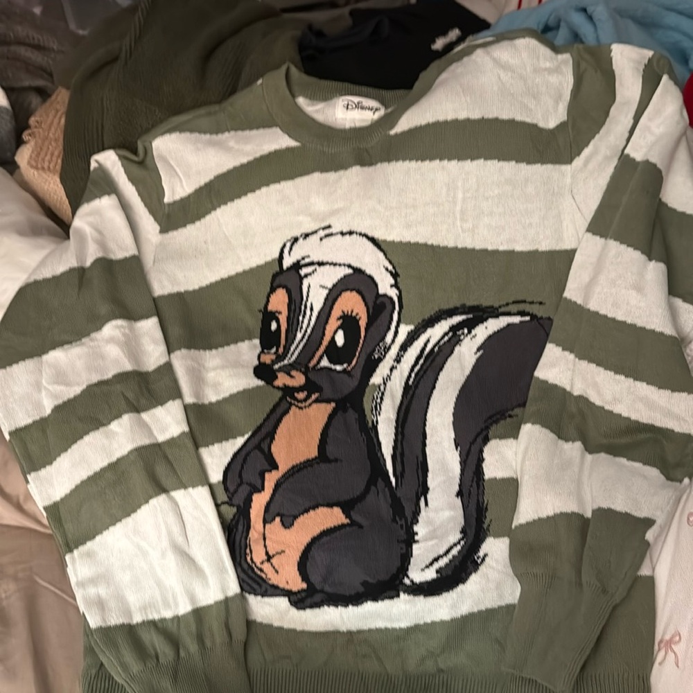 Disney Flower Bambi Skunk Green White Striped Graphic Pullover Sweater Size M